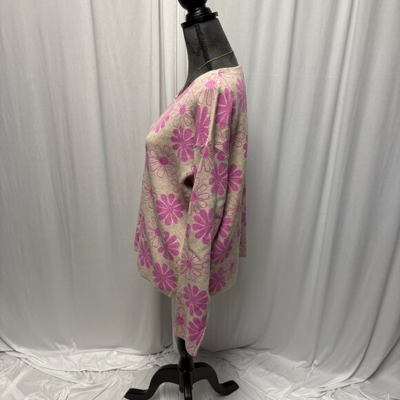 Rachel Zoe Sweater Womens Sz Large Pink Beige Floral Long Sleeve Retro Whimsical - Picture 3 of 7